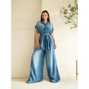 Denim Short Sleeve Button Down Wrap Waist Wide Leg Jumpsuit